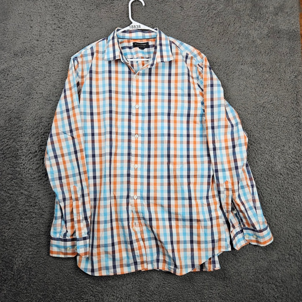 Banana Republic Non Iron‎ Tailored Slim Plaid Button Down Shirt XL Blue Orange